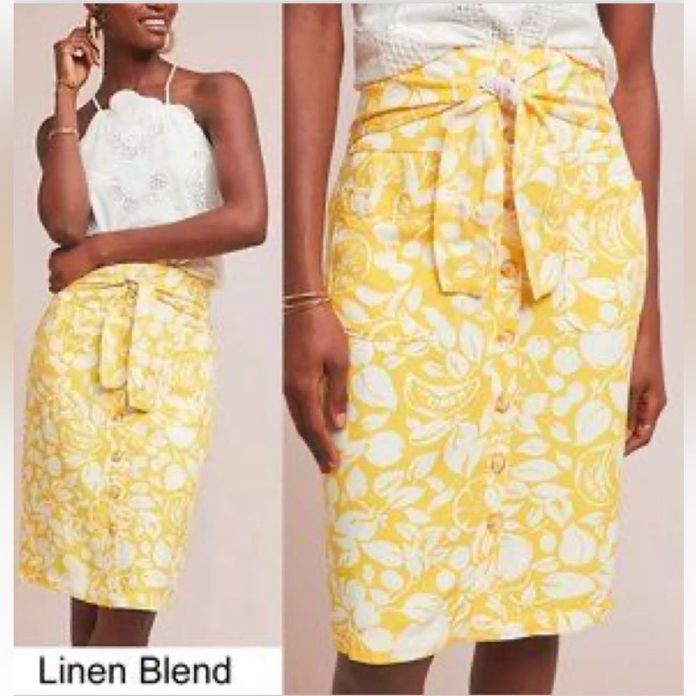 Anthropologie Conversations Linen Blend Lemon Midi Skirt